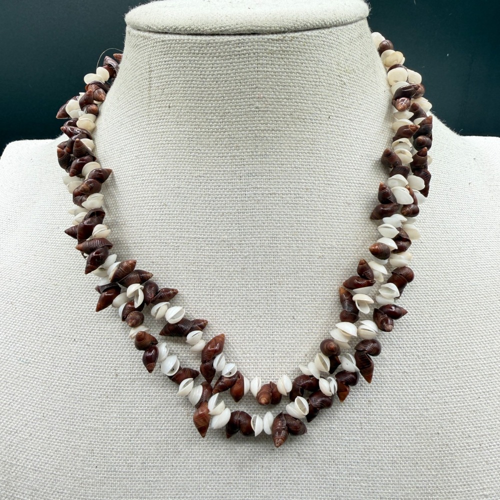Double Strand Seashell Necklace Brown White Natural Shell Boho Beach Statement